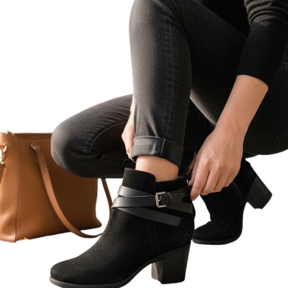 Sam Edelman Women's‎ Black Suede Leather Hannah Belted Chelsea Bootie Size 7.5